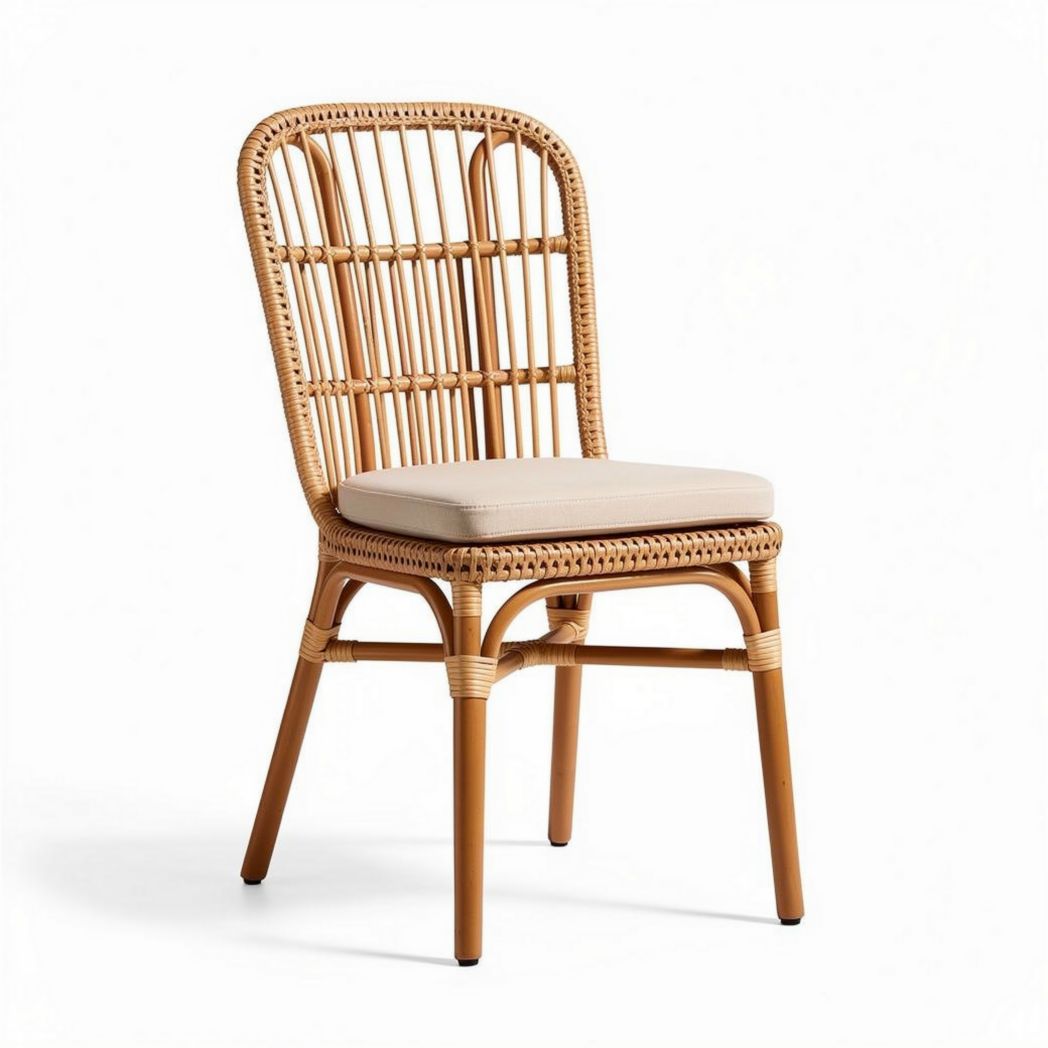 Rattan dining chair with beige cushion 45 x 45 x 85cm for indoor or outdoor use