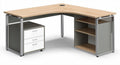 Corner desk with storage shelves and drawers in light oak and gray finish 150 x 150 x 75cm