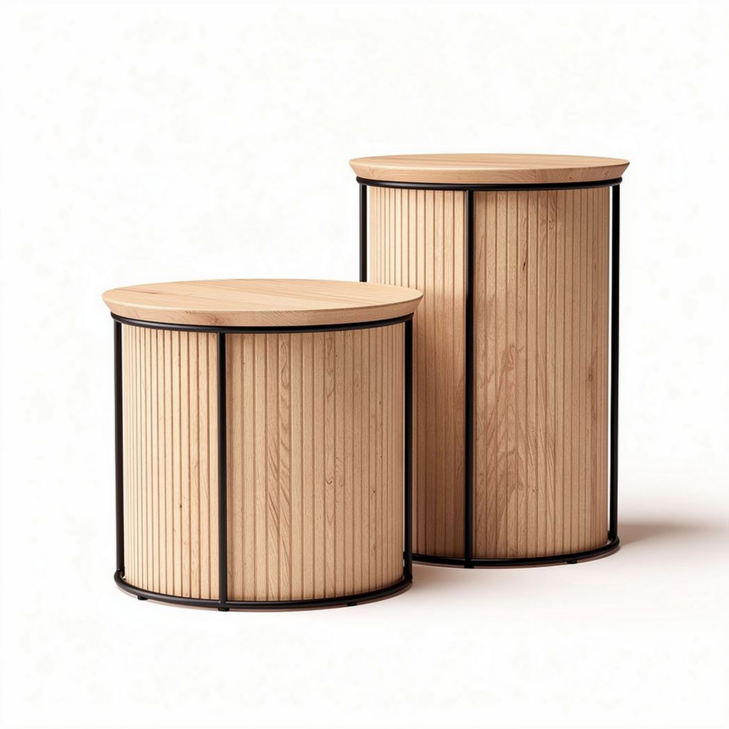 Wooden nesting side tables with metal frame in natural finish 50 x 50 x 40cm