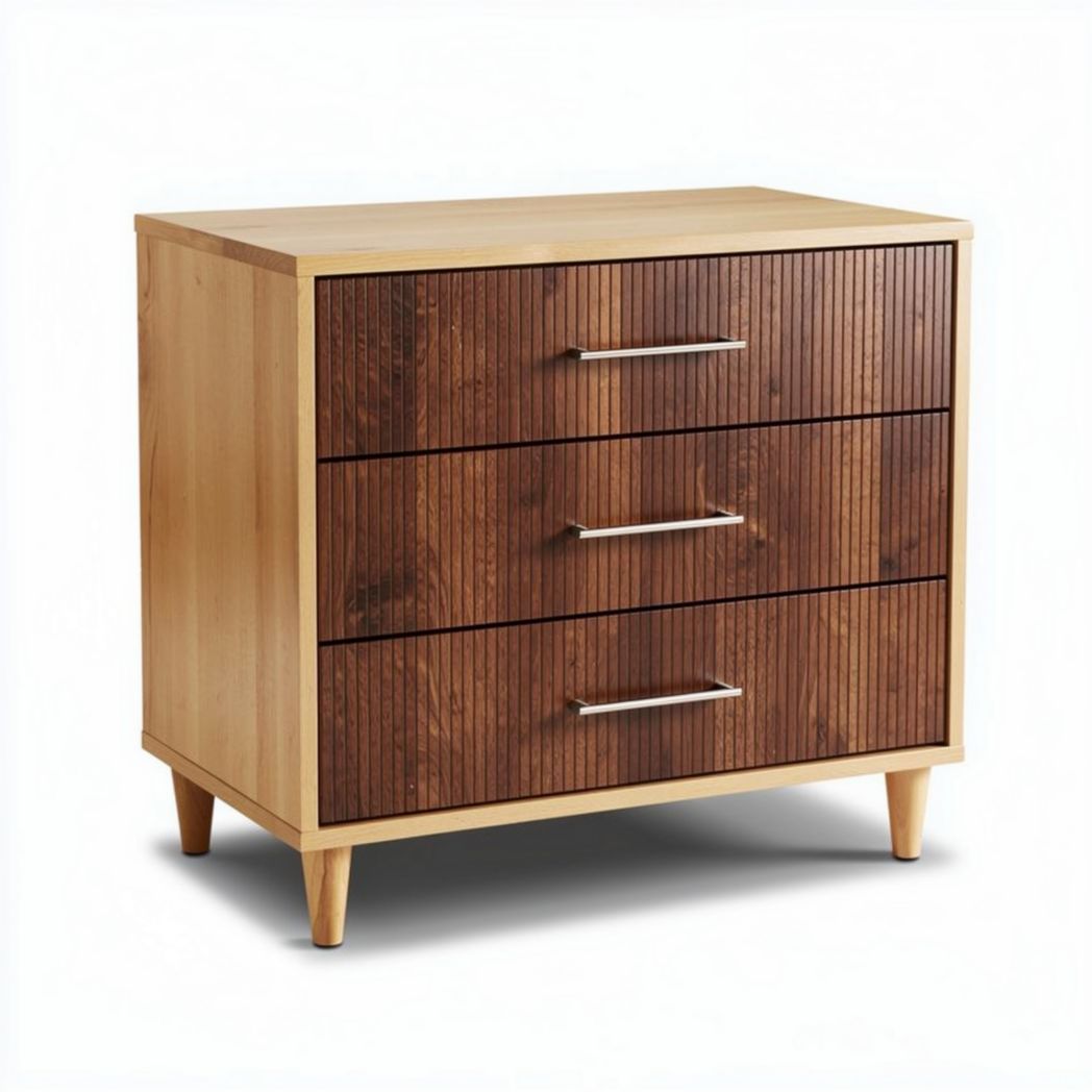 Wooden nightstand with three drawers in natural and walnut finish 75 x 45 x 70cm