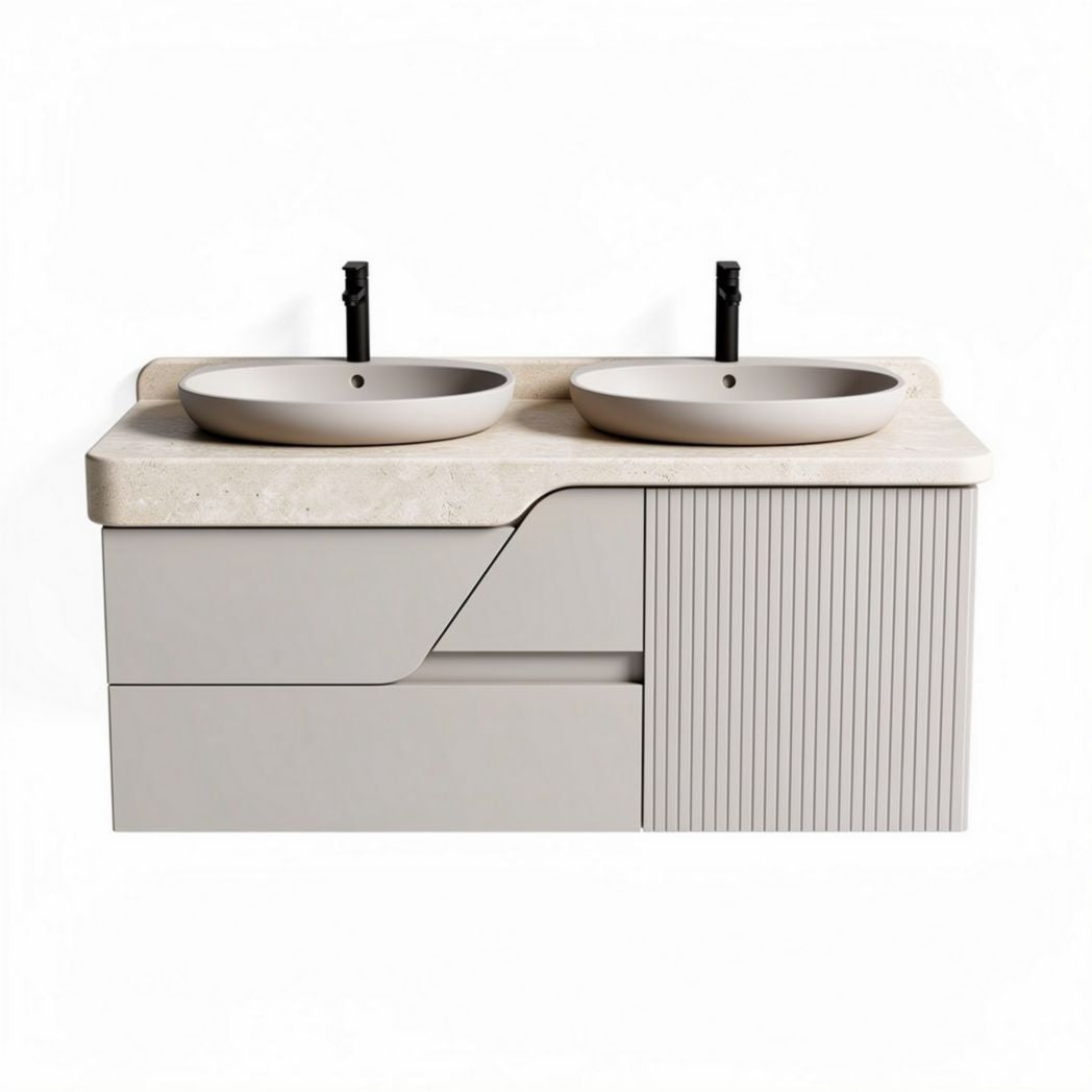 Double sink bathroom vanity with beige stone countertop and modern design 100 x 50 x 70cm