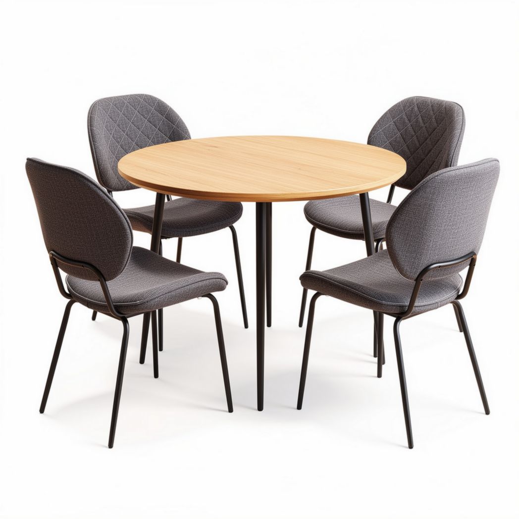 Round dining table with four upholstered chairs in gray fabric and wooden top