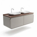 Wall-mounted bathroom vanity with dual ceramic sinks and wooden countertop 120 x 50 x 30cm