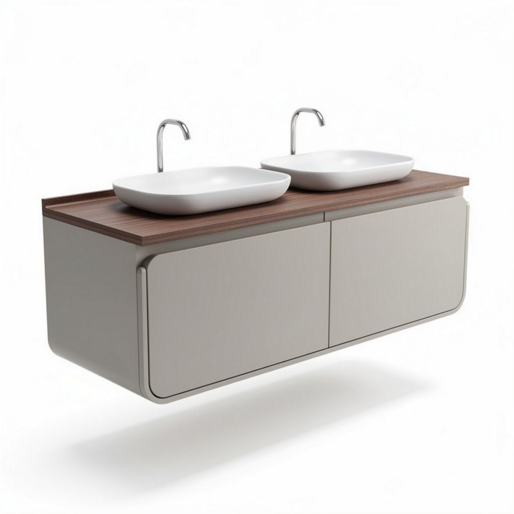 Wall-mounted bathroom vanity with dual ceramic sinks and wooden countertop 120 x 50 x 30cm