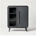 Black storage cabinet with glass door and shelves measuring 60 x 40 x 85cm