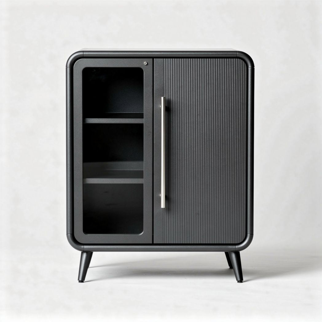 Black storage cabinet with glass door and shelves measuring 60 x 40 x 85cm