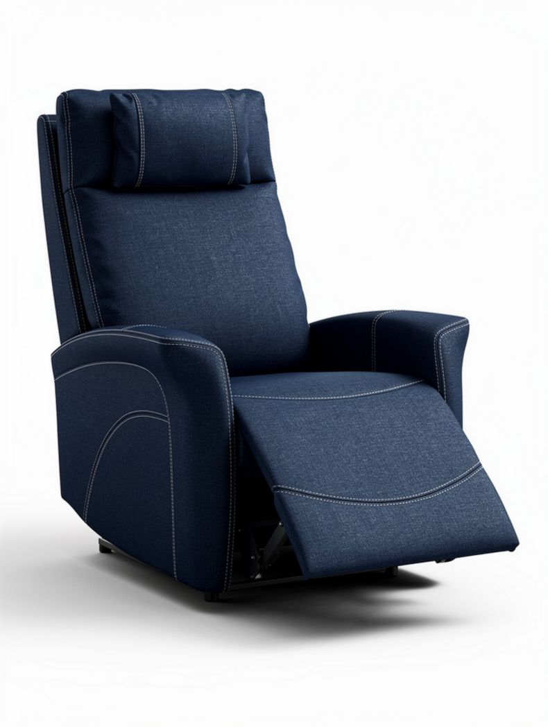 Reclining chair in navy blue fabric with adjustable headrest and footrest