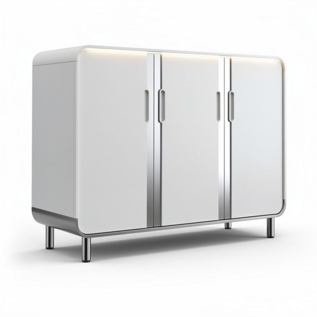 Modern white cabinet with stainless steel handles for storage 150 x 50 x 90cm