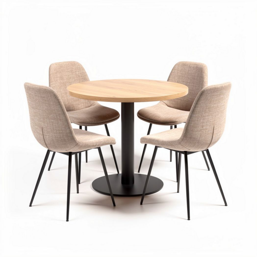 Round wooden dining table set with four fabric upholstered chairs in beige