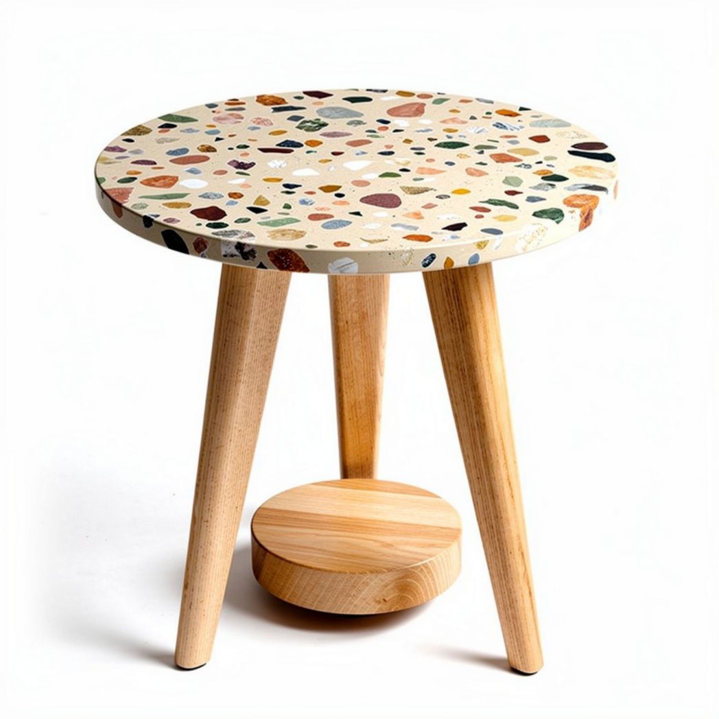 Terrazzo top side table with wooden legs and circular base 40 x 40 x 50cm