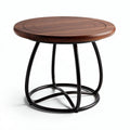 Round walnut side table with black metal base suitable for living room use