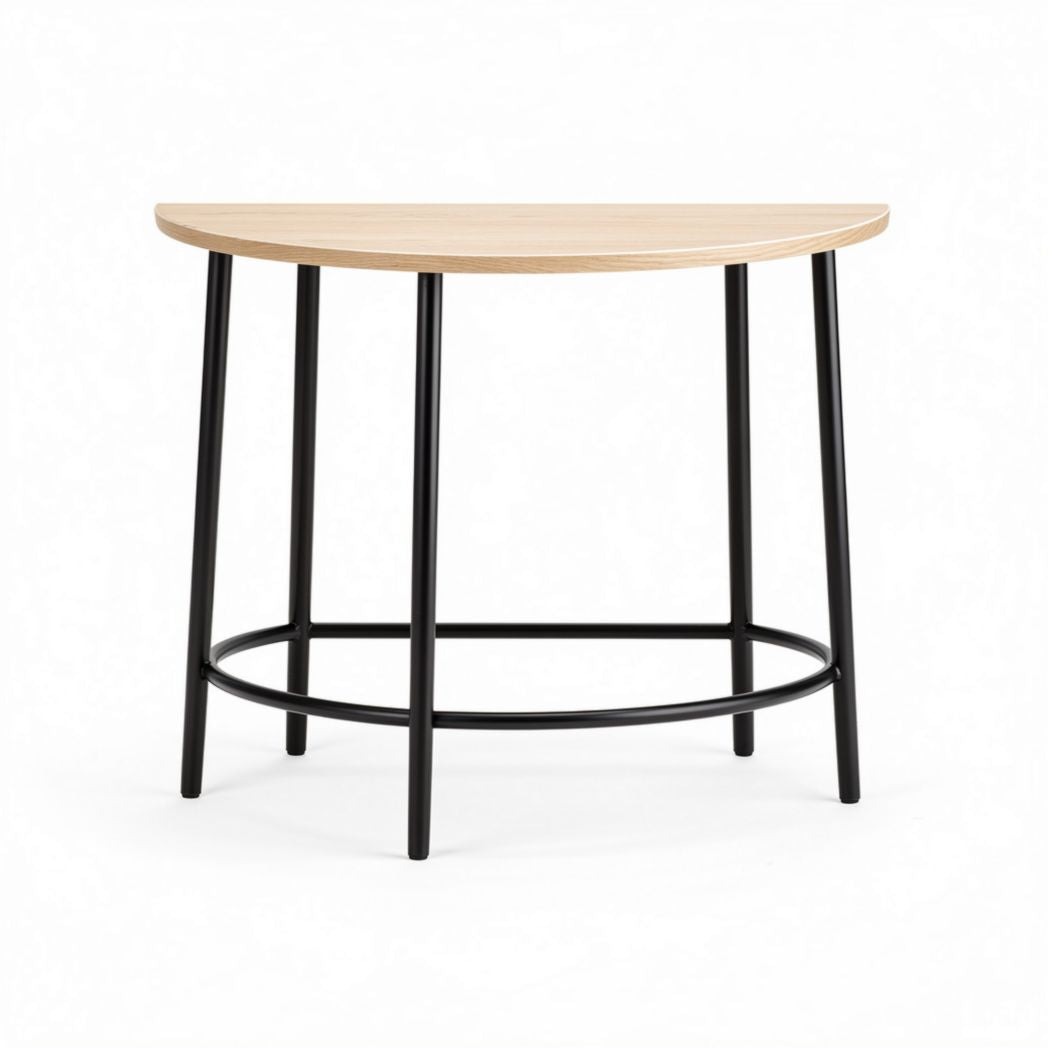 Wooden half-moon table with black metal legs for living room use 70 x 40 x 75cm