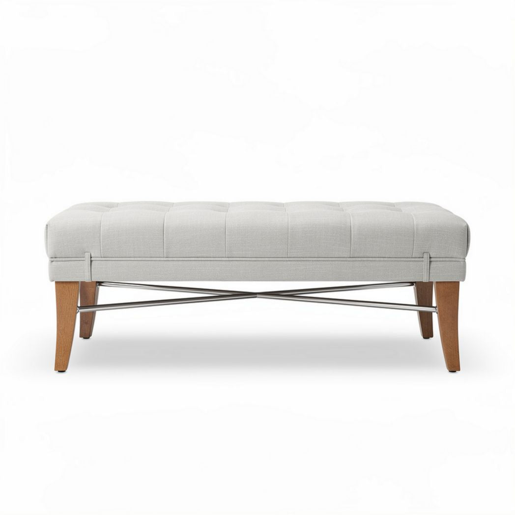 Upholstered fabric ottoman with wooden legs and metal base 90 x 45 x 40cm